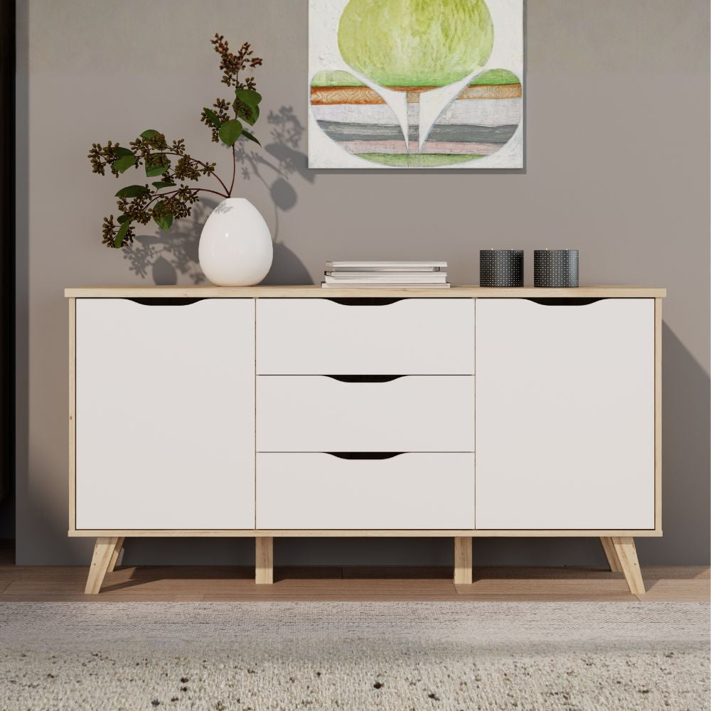 VNKK231-L25 SIDEBOARD AXIS EICHENSTRUKTUR MIT WEISSEN FRONTEN ZWEI TÜREN UND DREI SCHUBLADEN
