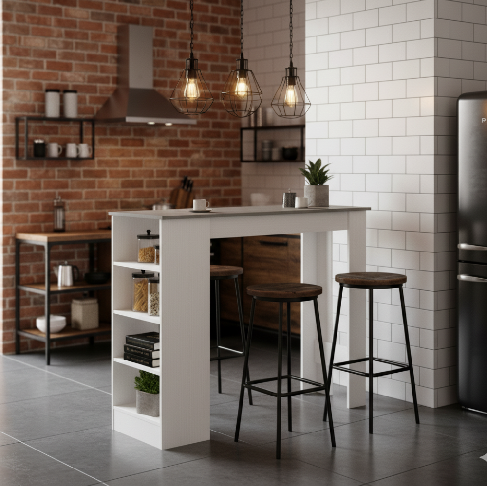 Tavolo snack alto con 3 ripiani laterali 112x49.6x103.5H colore bianco e cemento Kivo
