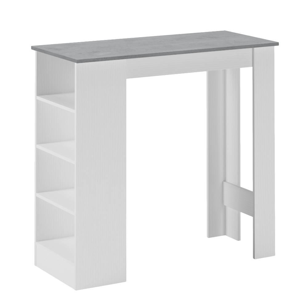Tavolo snack alto con 3 ripiani laterali 112x49.6x103.5H colore bianco e cemento Kivo