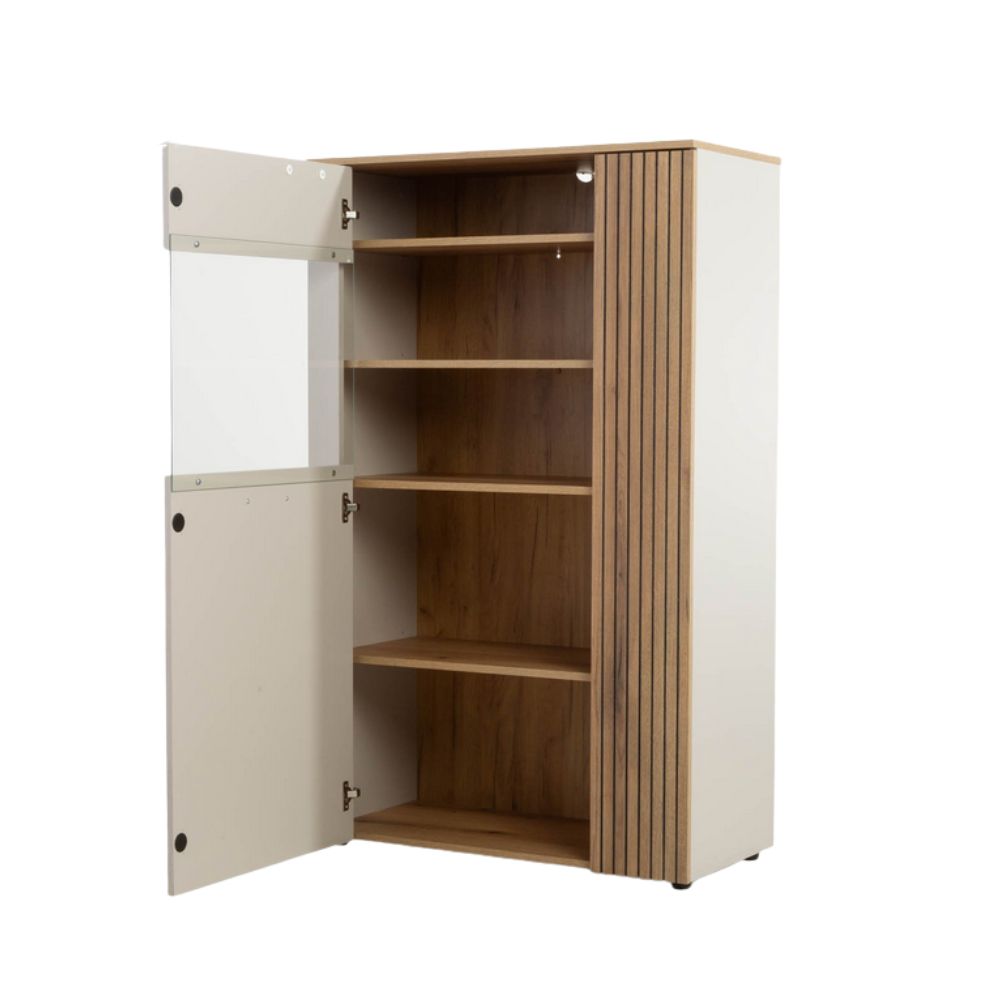 Vetrina con anta a listelli verticali cashmere e rovere evoque 90x42x146H Frezo06