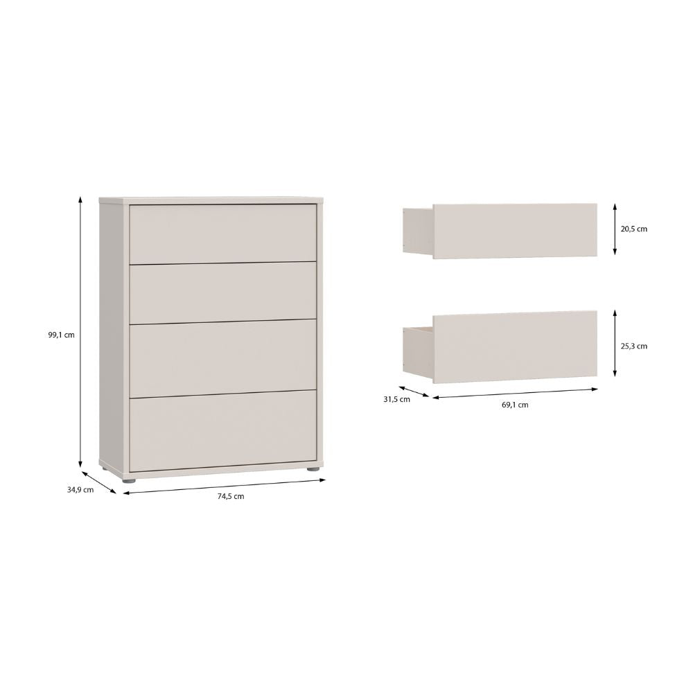 Commode 4 tiroirs coloris cachemire 75x35x99 Medea