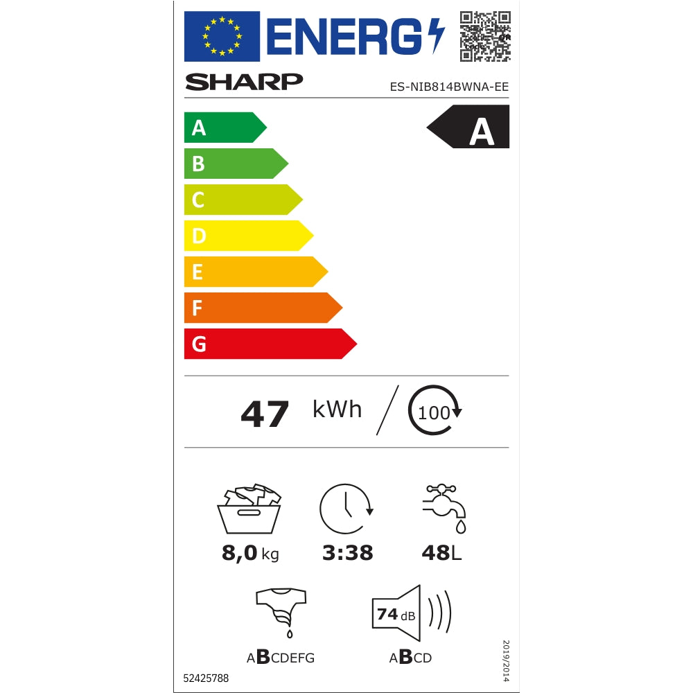 Lavatrice integrata 8 kg 1400 RPM classe A con tecnologia a vapore Sharp ES-NIB814BWNA-IT