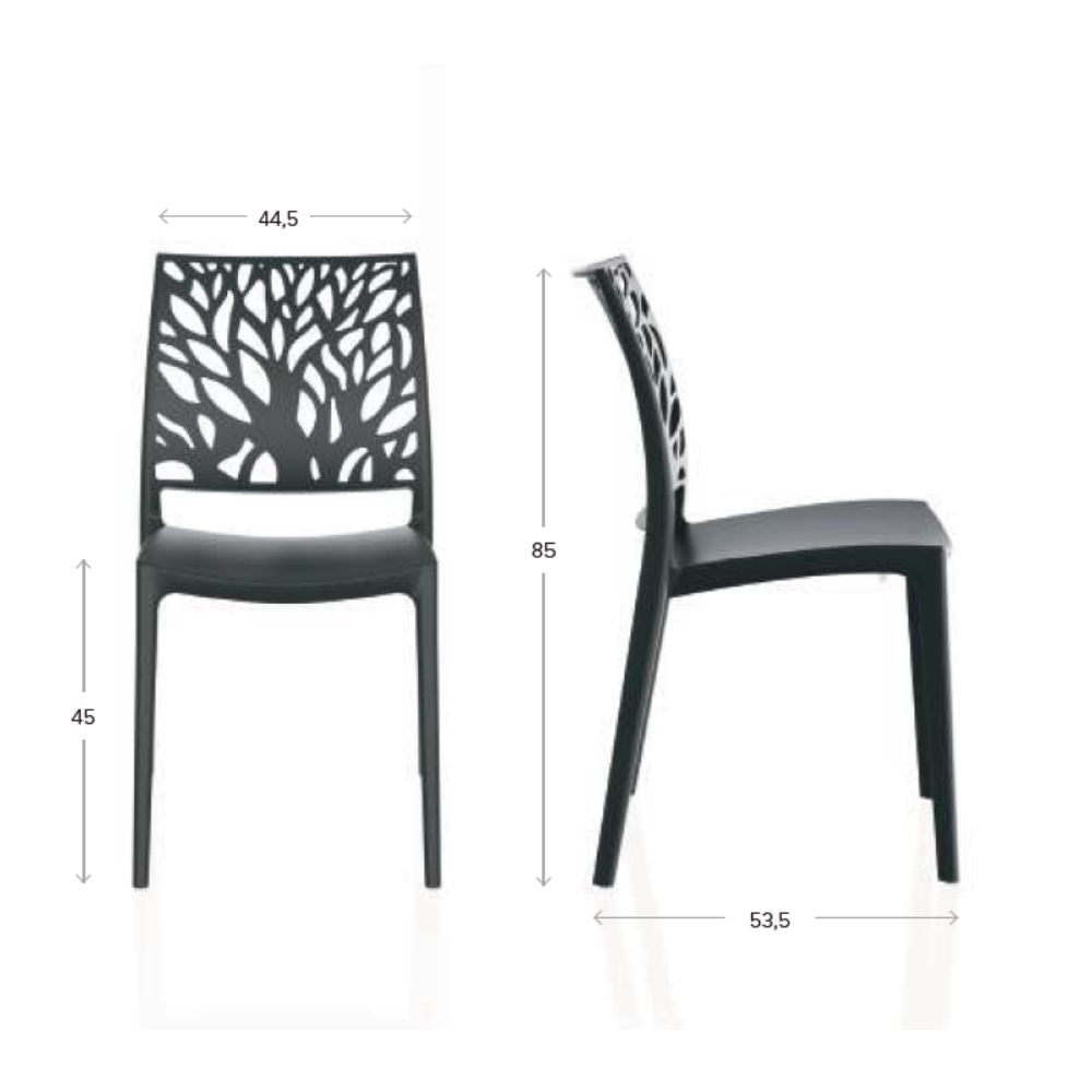 Set aus 4 Stühlen aus Polypropylen in Graphitgrau, Rückenlehne mit Baum-Motiv Tree