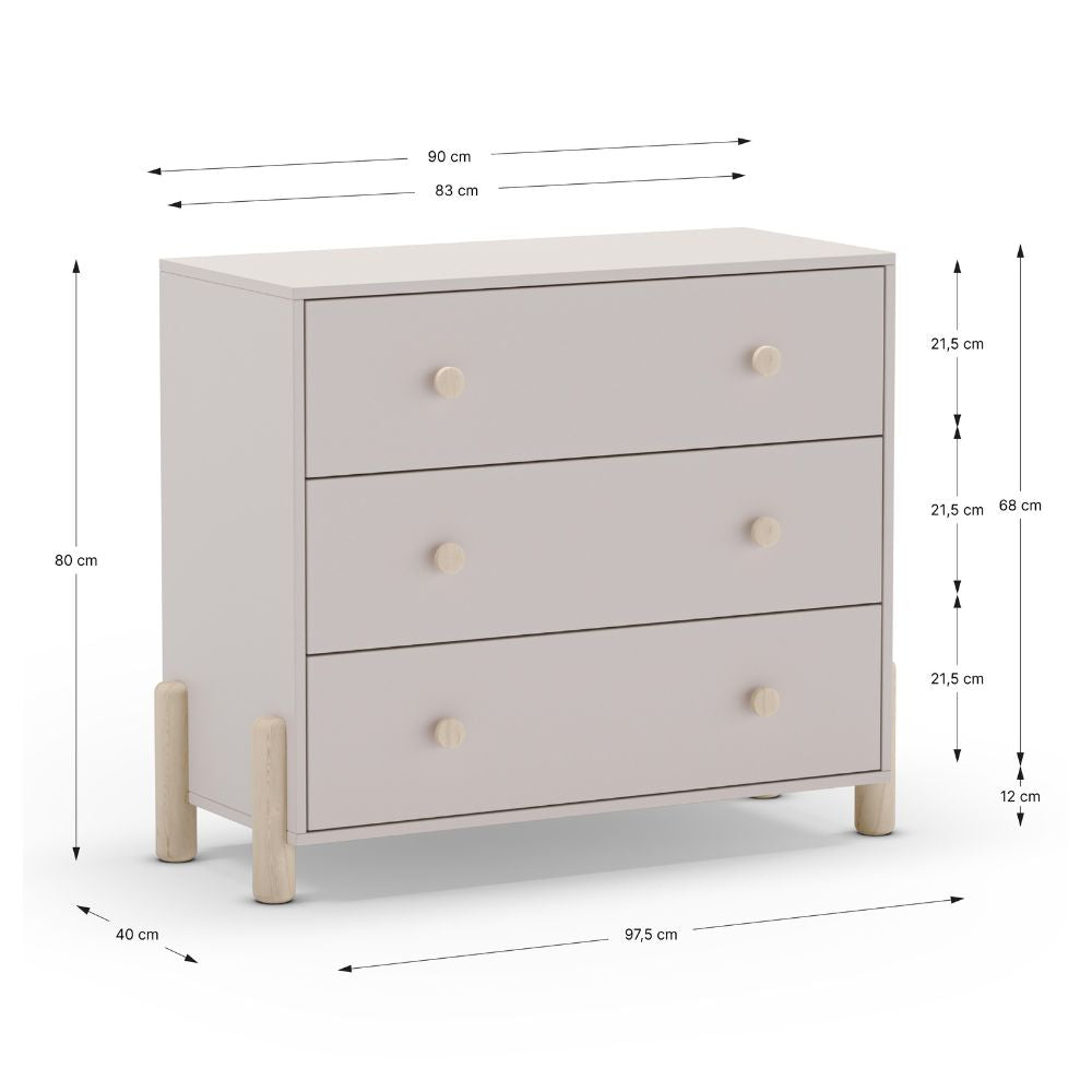 Cassettiera in legno massiccio con 3 cassetti beige e gambe in pino naturale 90x40x80H Enola