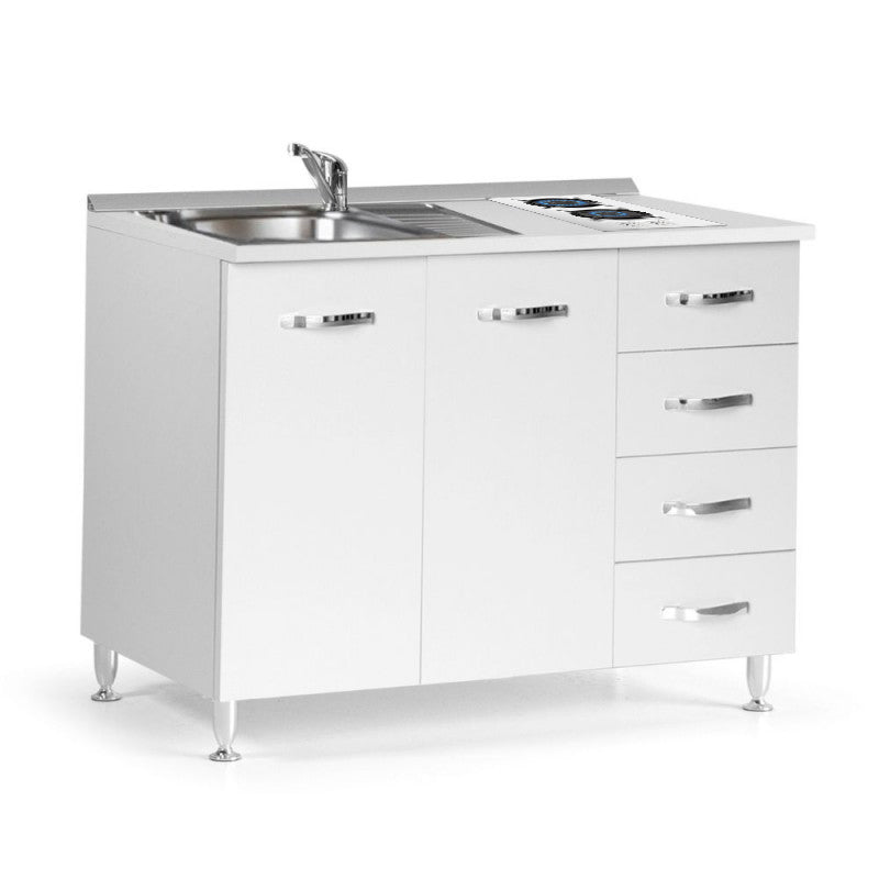 Coin cuisine avec tiroirs et portes couleur blanc mélèze évier et plaque de cuisson 120x60x85H cm