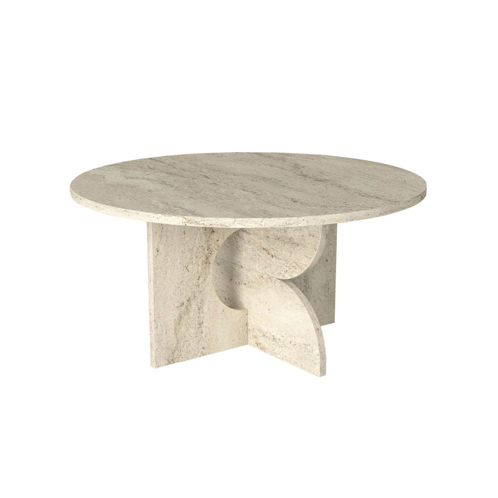Tavolino rotondo da salotto effetto travertino con base geometrica Mara