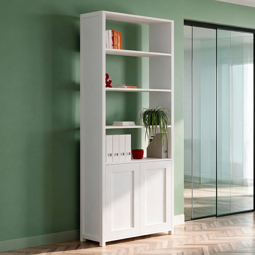 Libreria con 2 ante e 4 vani a giorno colore bianco 98.7x35.2x230H Miraflor