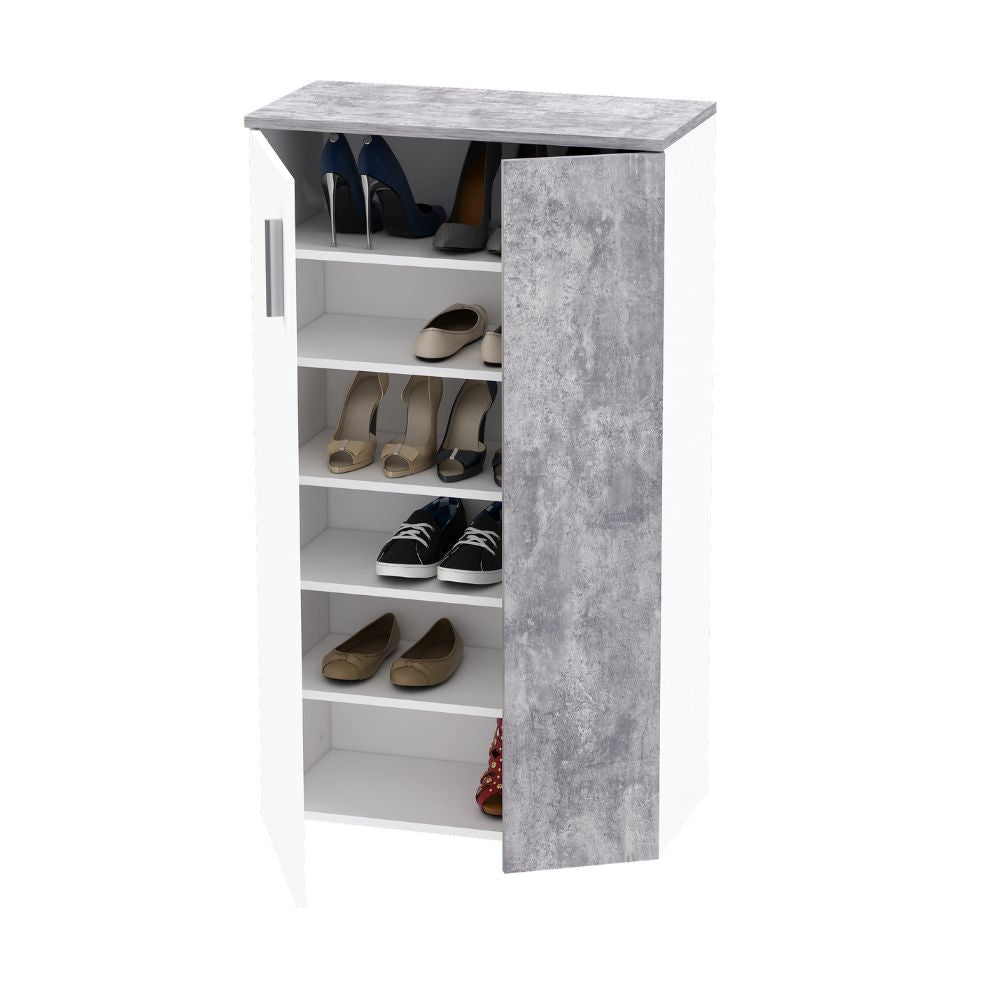 Mobile multiuso scarpiera 2 ante con 5 ripiani colore bianco e cemento 69x34x120H Lucio