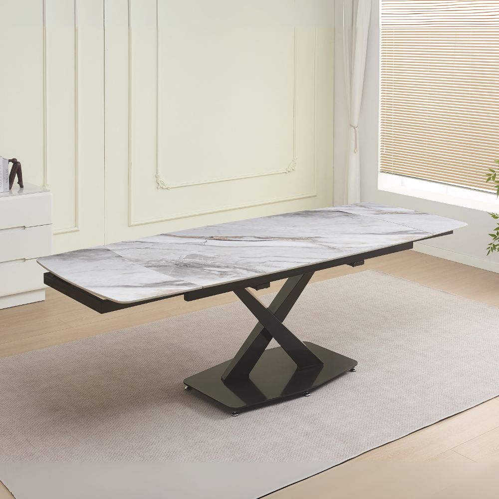 Tavolo allungabile con piano in ceramica effetto marmo bianco e gambe in titanio lucido 165x90x76H Moritz