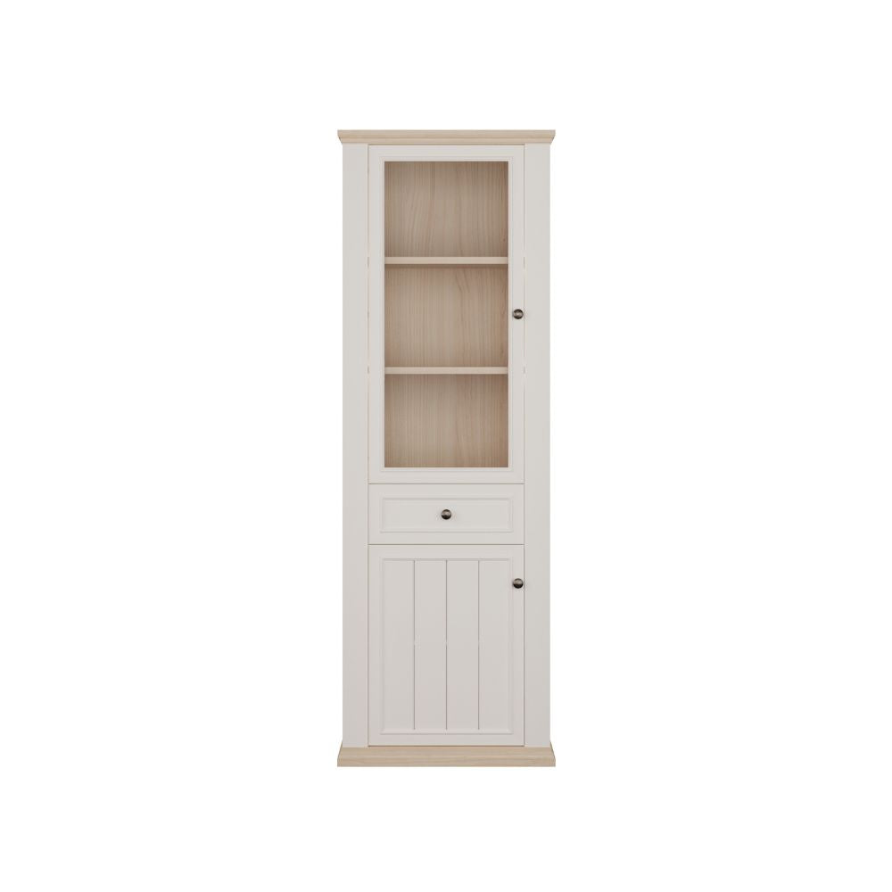 PNTV711-Q214 VITRINE IN WEISS UND EICHE MIT 2 TÜREN UND EINER SCHUBLADE