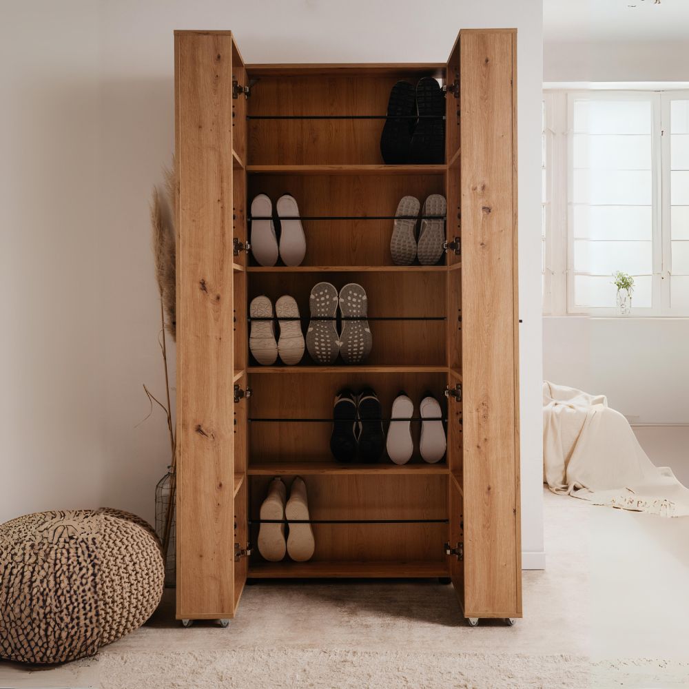 Meuble à chaussures 2 portes avec compartiments couleur chêne 74x181H cm - Magika