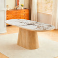 Tavolo ovale 200x100 con piano effetto marmo bianco arabesque e base rovere naturale Nordico