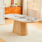 Tavolo ovale 200x100 con piano effetto marmo bianco arabesque e base rovere naturale Nordico