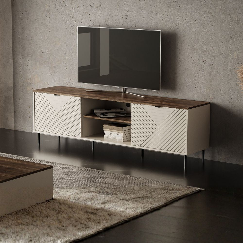 Mobile porta Tv 2 ante design geometrico e vani a giorno cashmere e top rovere Mirage03