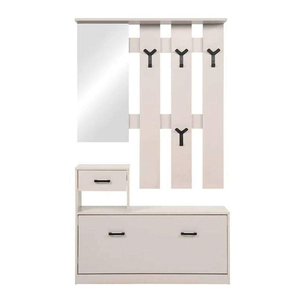 Mobile ingresso con specchio, appendiabiti, cassetto e scarpiera colore beige Rudolf