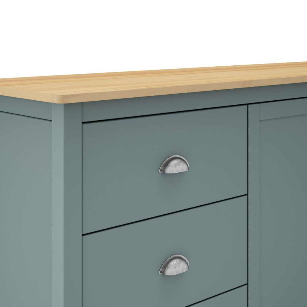 Bahut 2 portes et 3 tiroirs en bois massif vert kaki et chêne Misti 150x40x80H