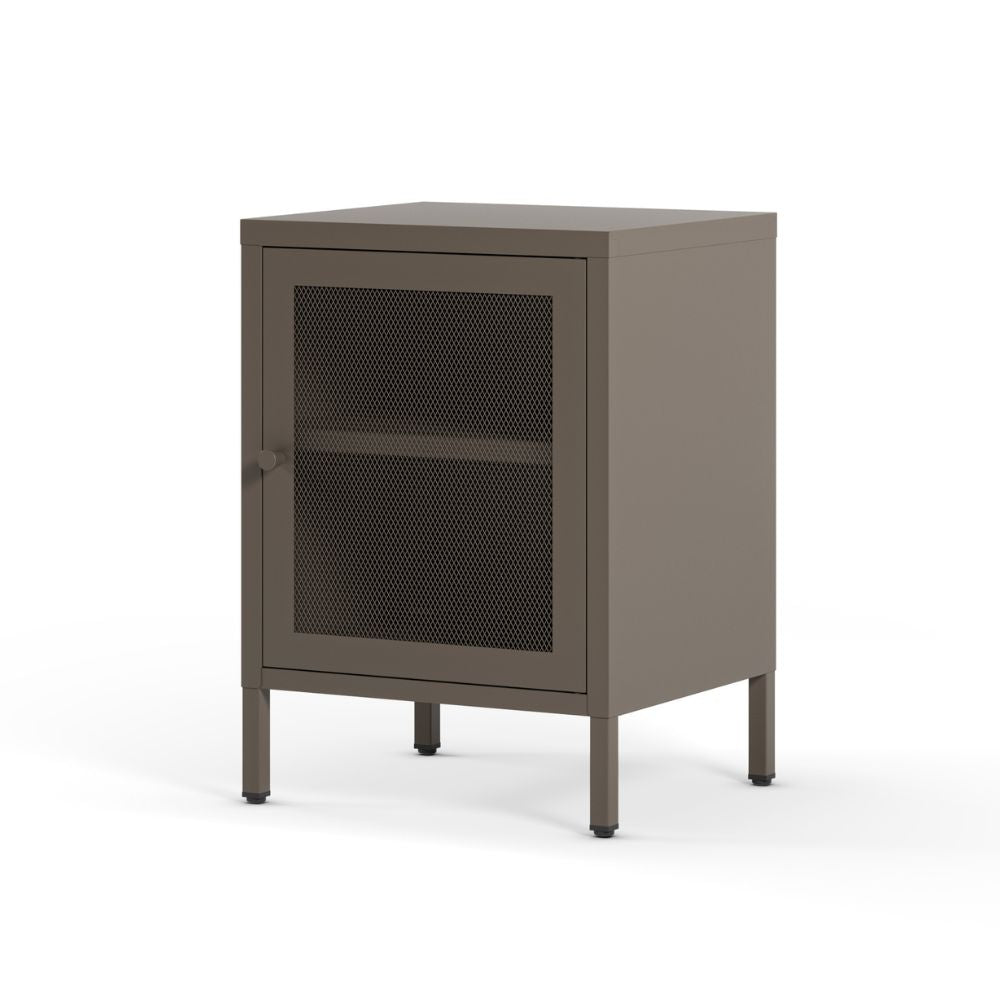 Comodino in metallo mocha con anta reticolata 40x35x60H Fayna