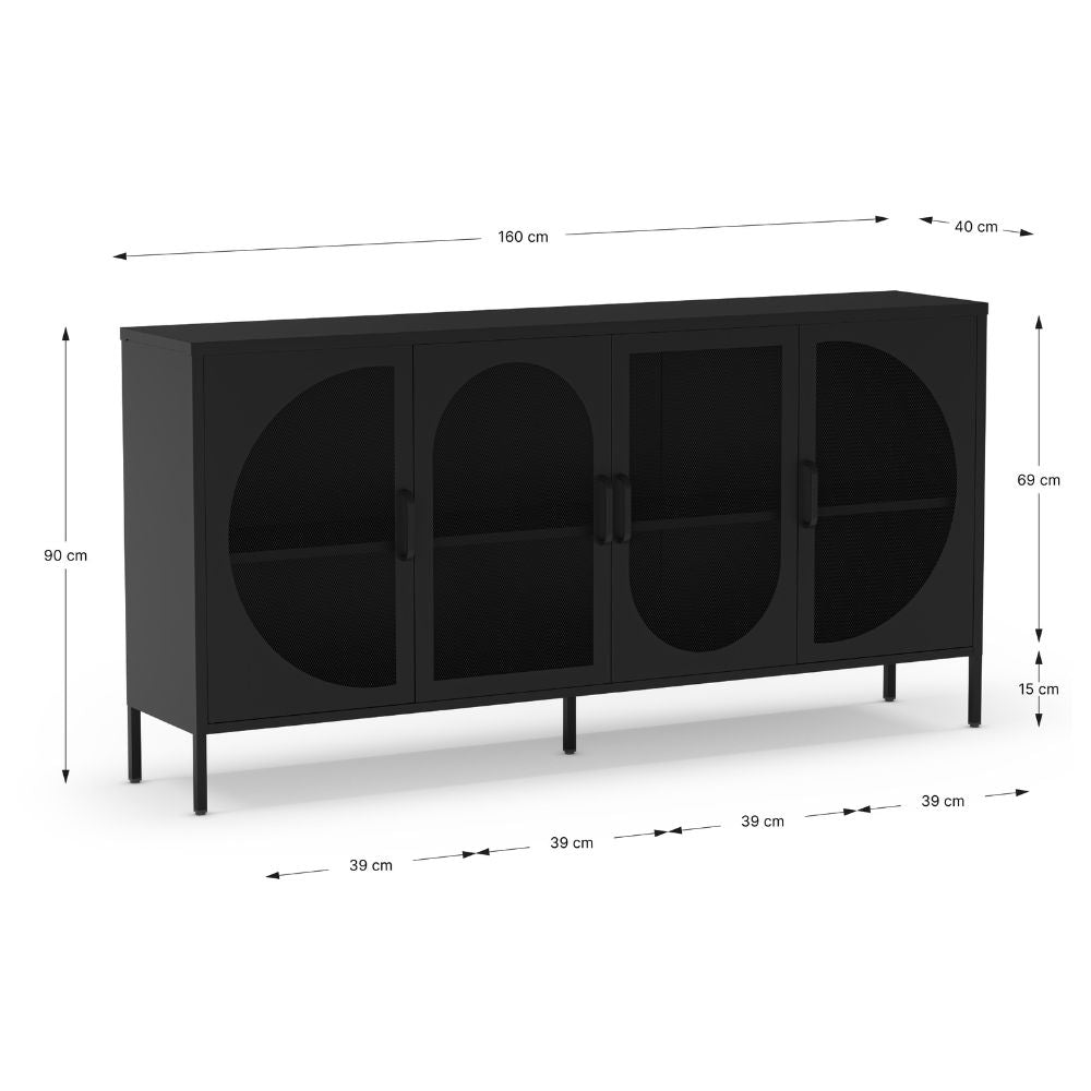 Metall Sideboard mit 4 Gittertüren, schwarz, 160x40x90H Tayra