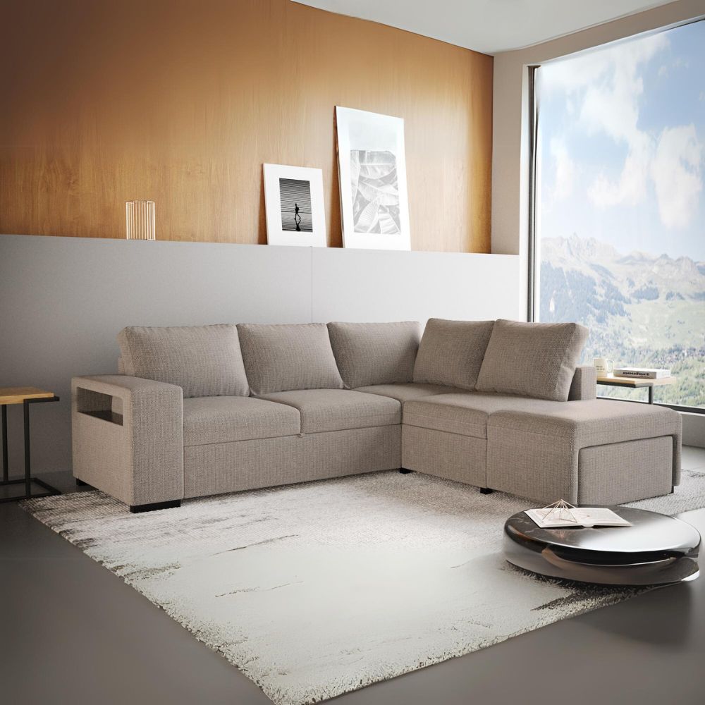 Divano letto angolare reversibile con bracciolo contenitore colore sabbia 248 cm - Kotty