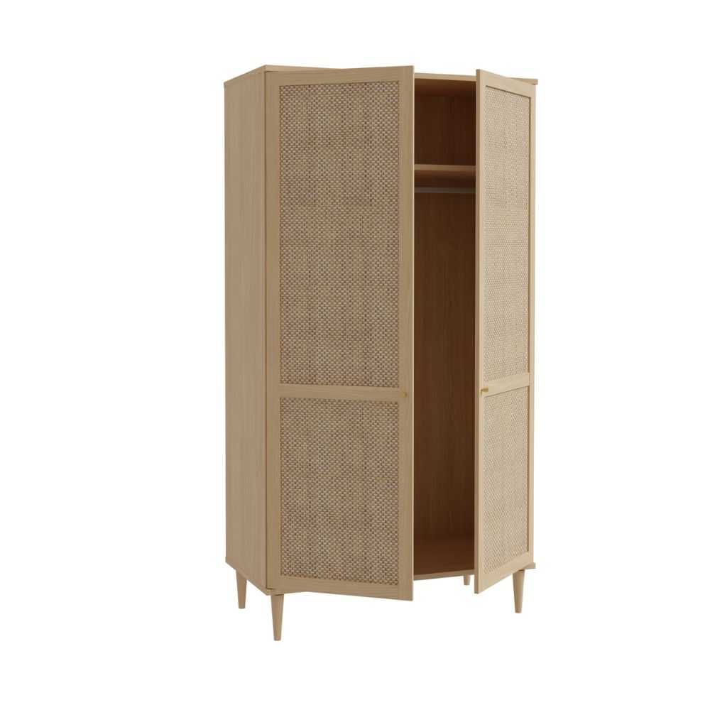 Armadio 2 ante in rovere con dettaglio effetto rattan 110x52x208H Livia