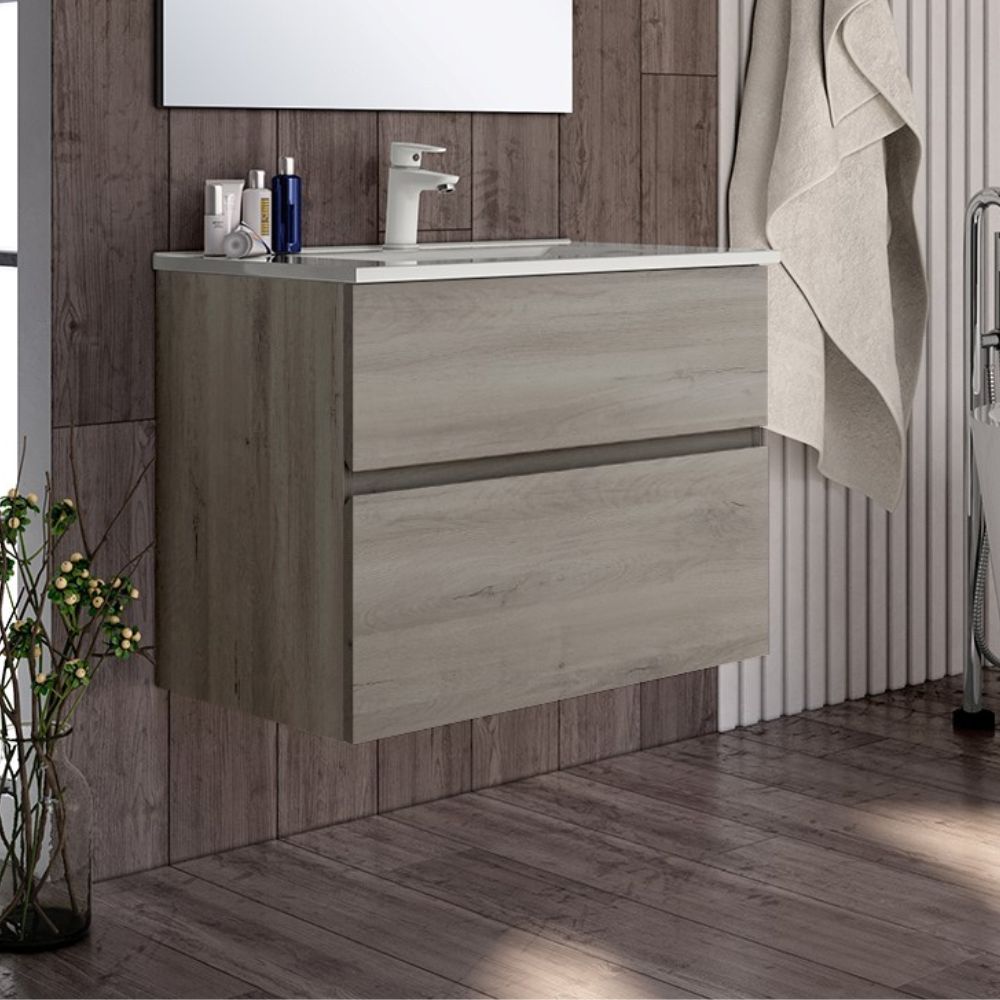 Wandmontierter Badezimmerschrank 70 cm mit 2 Schubladen in Eiche Grau - Londry