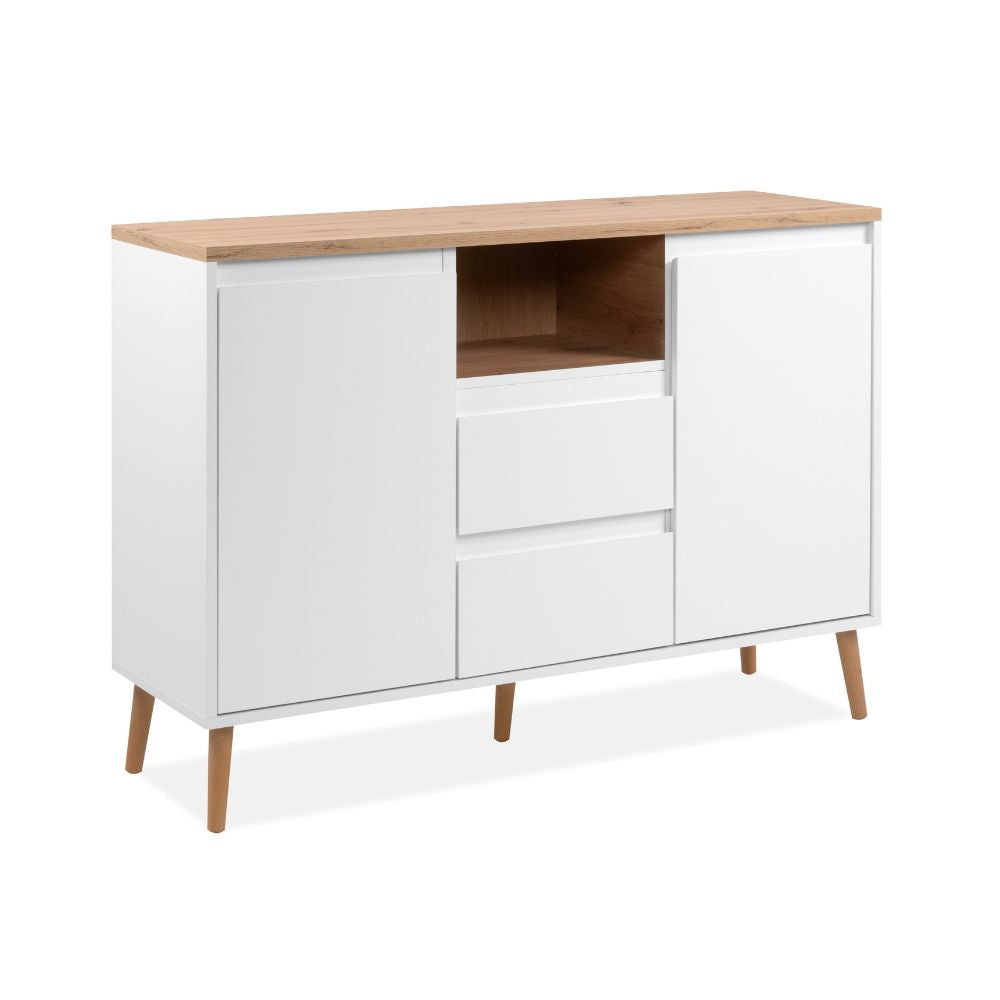 Madia con 2 ante e 2 cassetti bianca con top colore rovere 120x85H cm - Lixxy