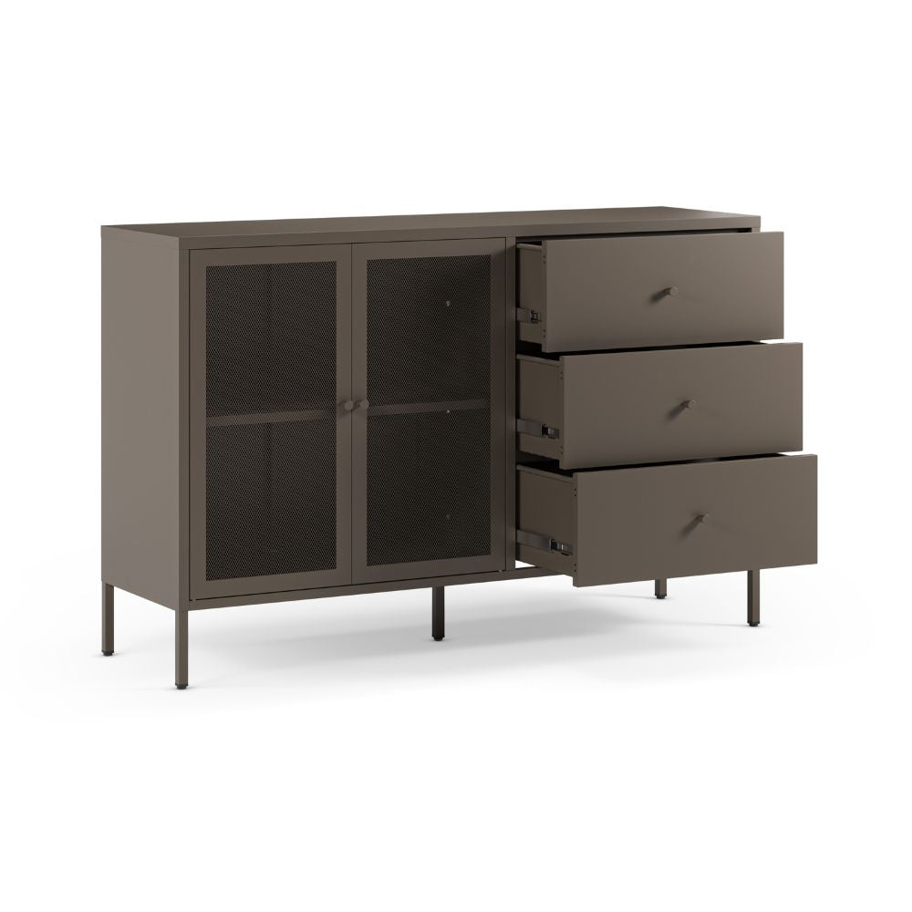 Bahut métallique 2 portes et 3 tiroirs 140x40x90H couleur moka Fayna