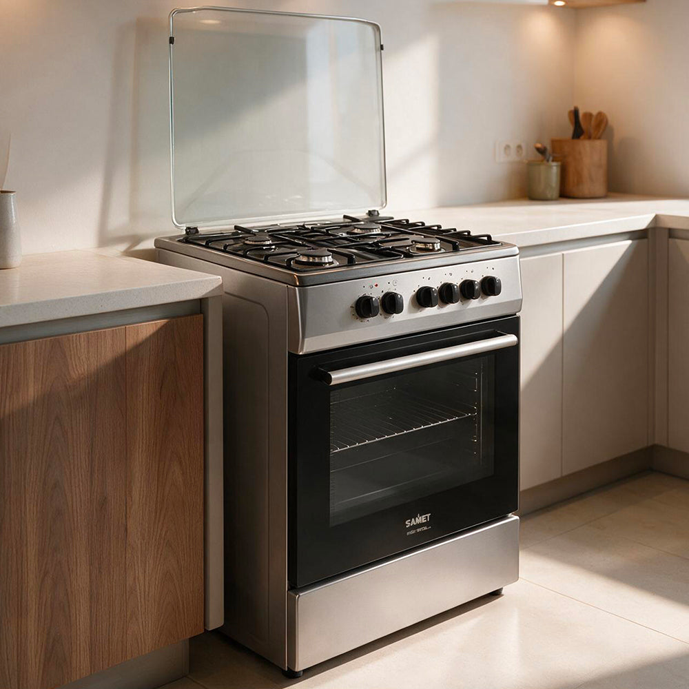 Cucina a gas 60x60 cm silver con forno ventilato multifunzione 70 litri classe A Tremiti Samet Indomita Line