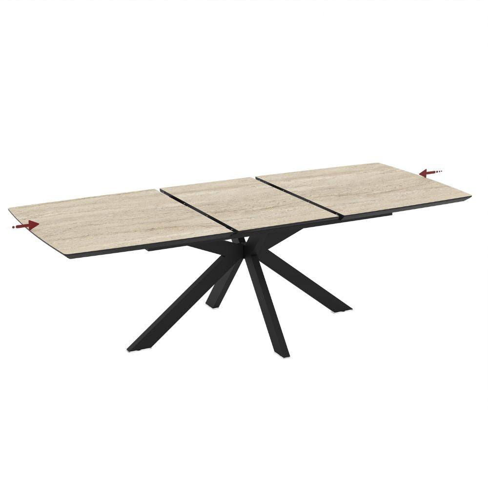 Table extensible plateau effet marbre travertin beige et piètement noir 180/240x100x76H Verano