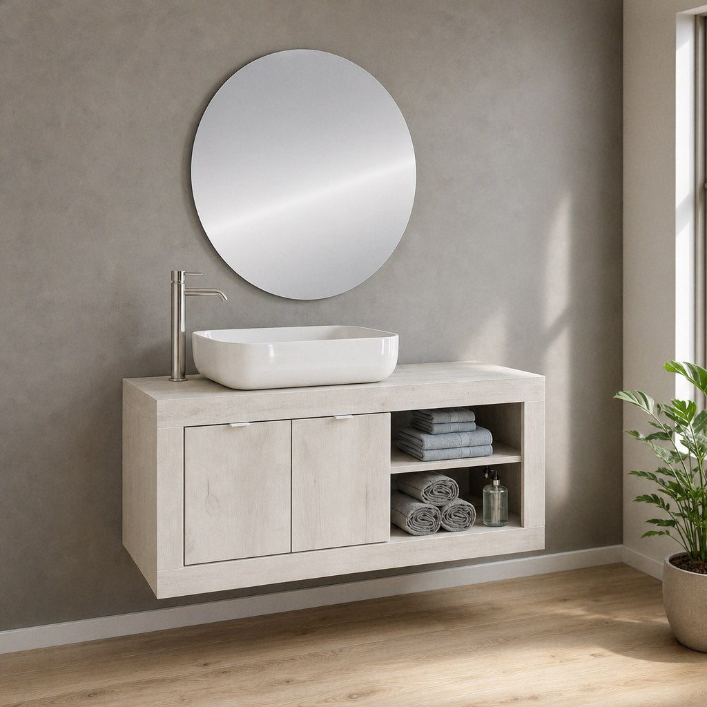 Meuble bas de salle de bain suspendu avec vasque à poser couleur pin blanc 110x47H cm - Bax