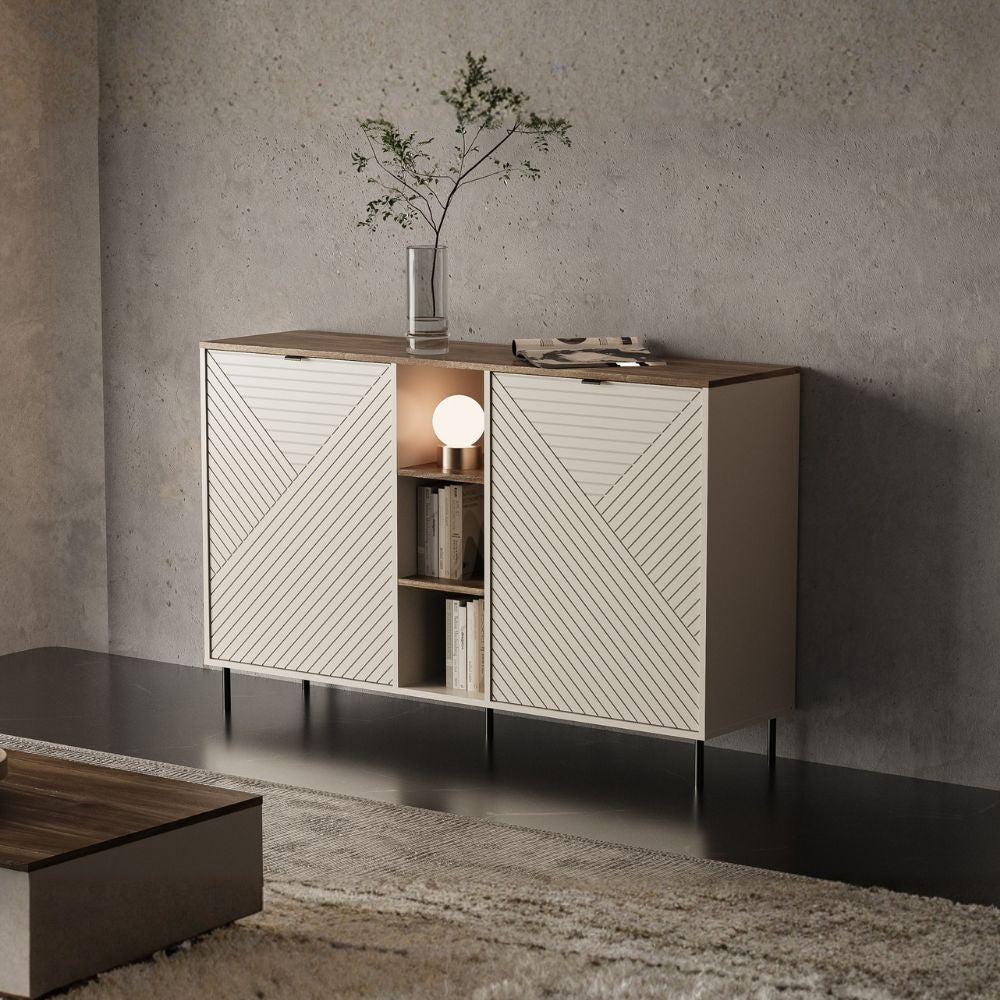 Credenza 2 ante design geometrico e vani a giorno cashmere e rovere Mirage08