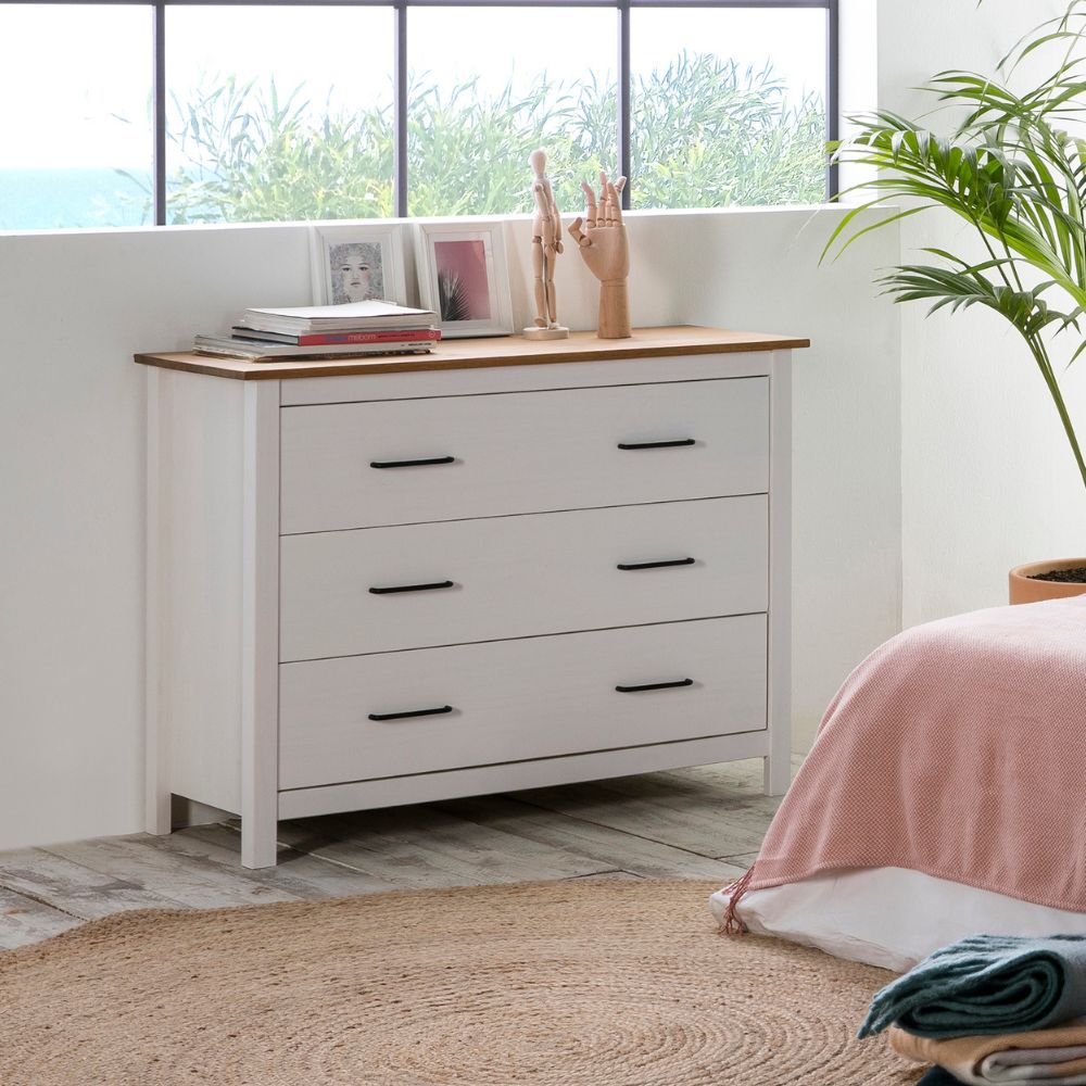 Commode en bois massif coloris blanc et pin 100x40x80H cm - Miranda