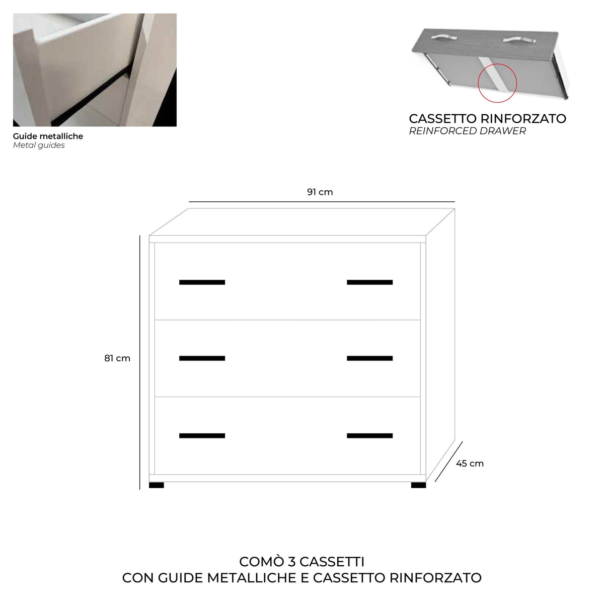 Comò con 3 cassetti colore olmo 91x45x81H cm