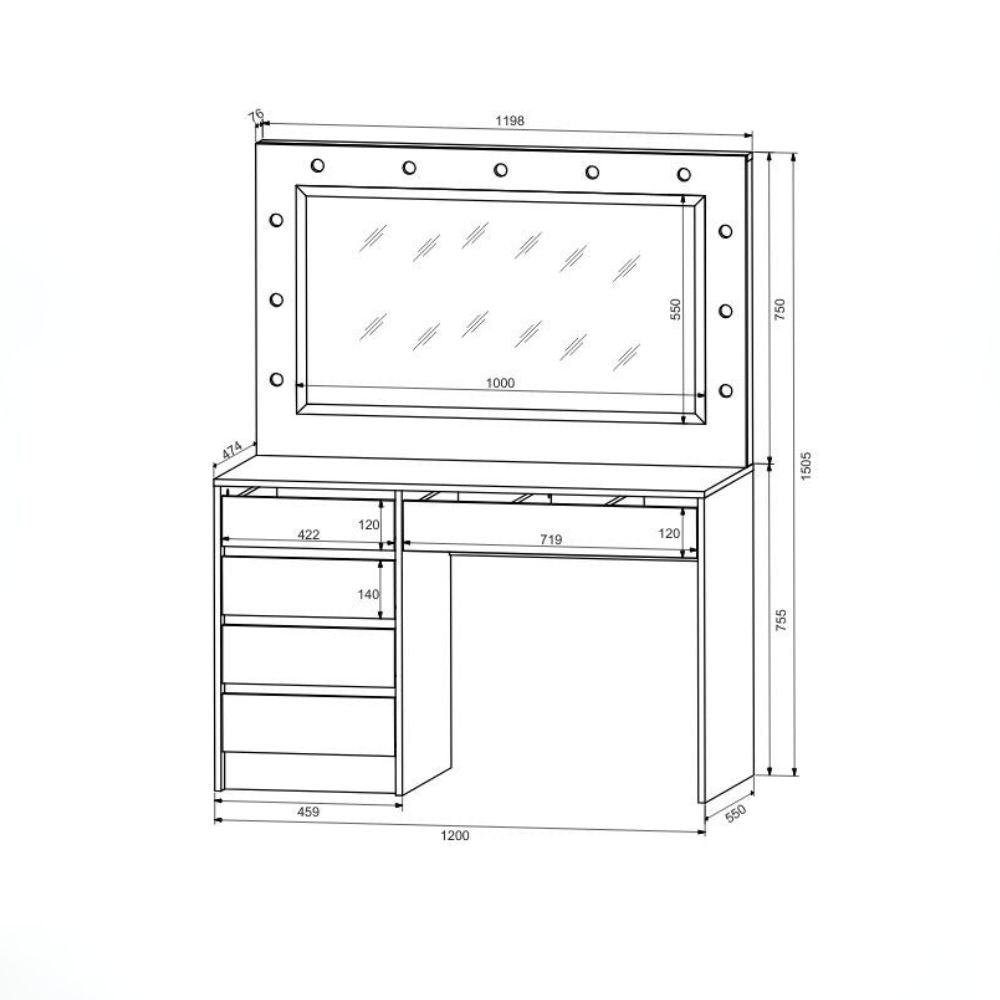Toeletta trucco Elite bianca con specchio 5 cassetti e lampadine LED 120x55x142,6H