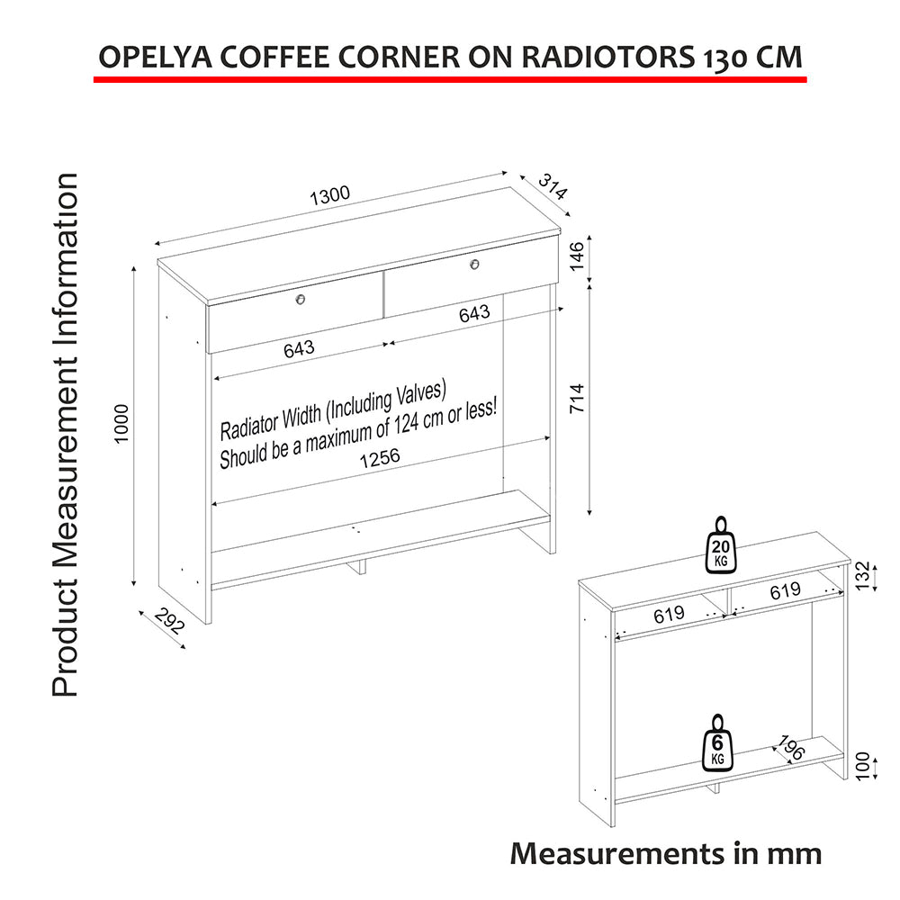CONSOLE CACHE RADIATEUR OPELYA 130 CM AVEC DEUX TIROIRS COULEUR BLANC