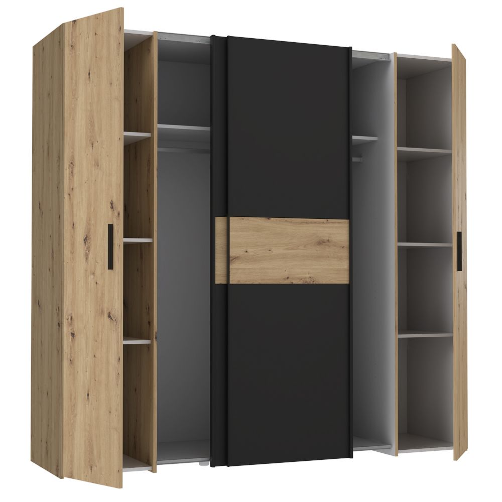 Armadio 4 ante rovere e nero con ante scorrevoli e battenti 200x61x190H Teodoro