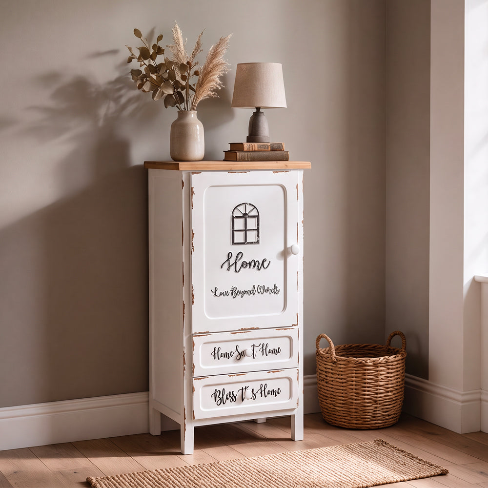 Mobile multiuso shabby chic 1 anta 2 cassetti colore bianco e top rovere H 100 cm Breslavia