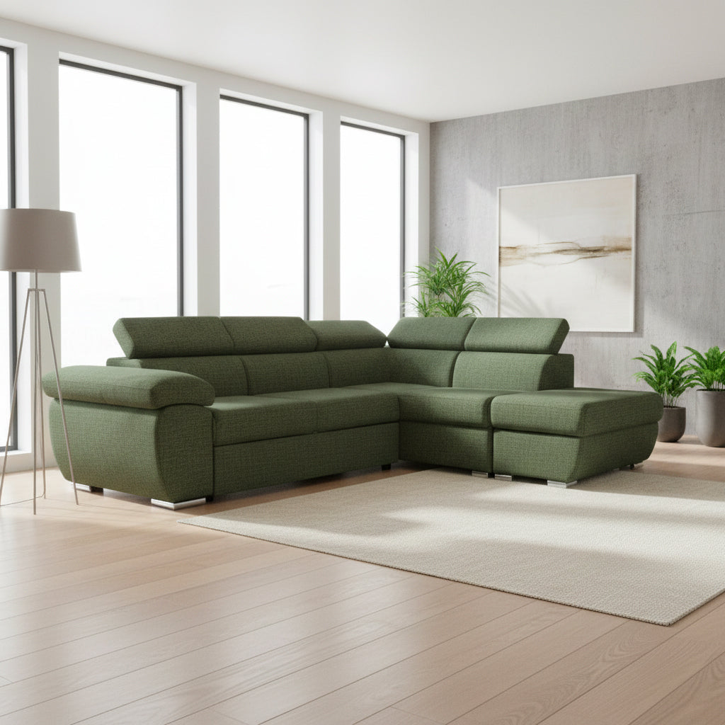 Divano letto angolare con penisola destra e pouf contenitore verde oliva Fiona