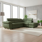 Divano letto angolare con penisola destra e pouf contenitore verde oliva Fiona