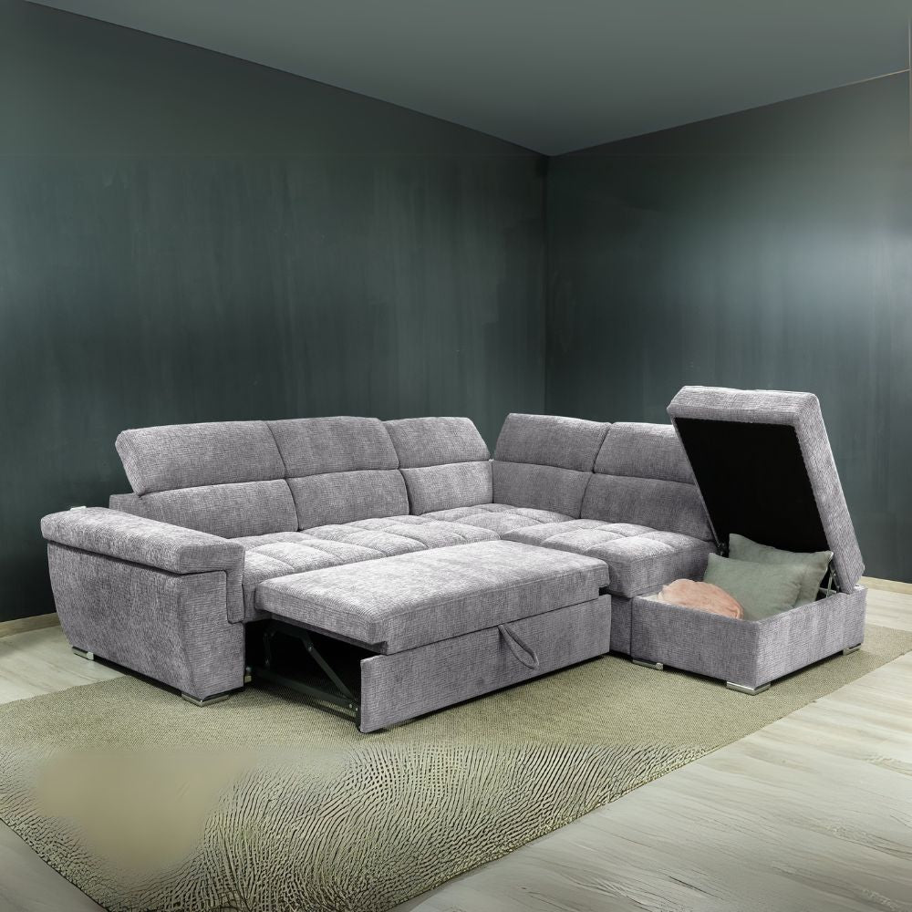 Divano letto angolare reversibile con 5 poggiatesta regolabili e pouf in tessuto grigio chiaro Amalfi