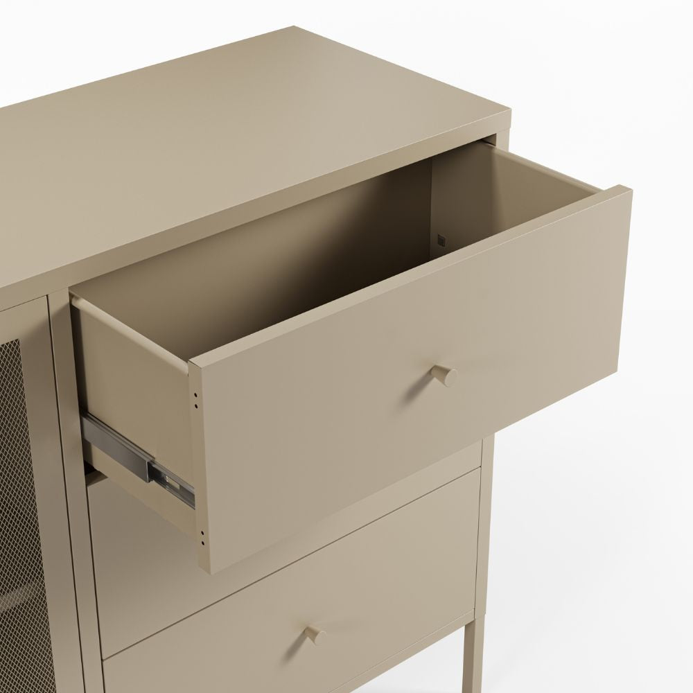 Buffet en métal avec 2 portes et 3 tiroirs 140x40x90H couleur sable Fayna