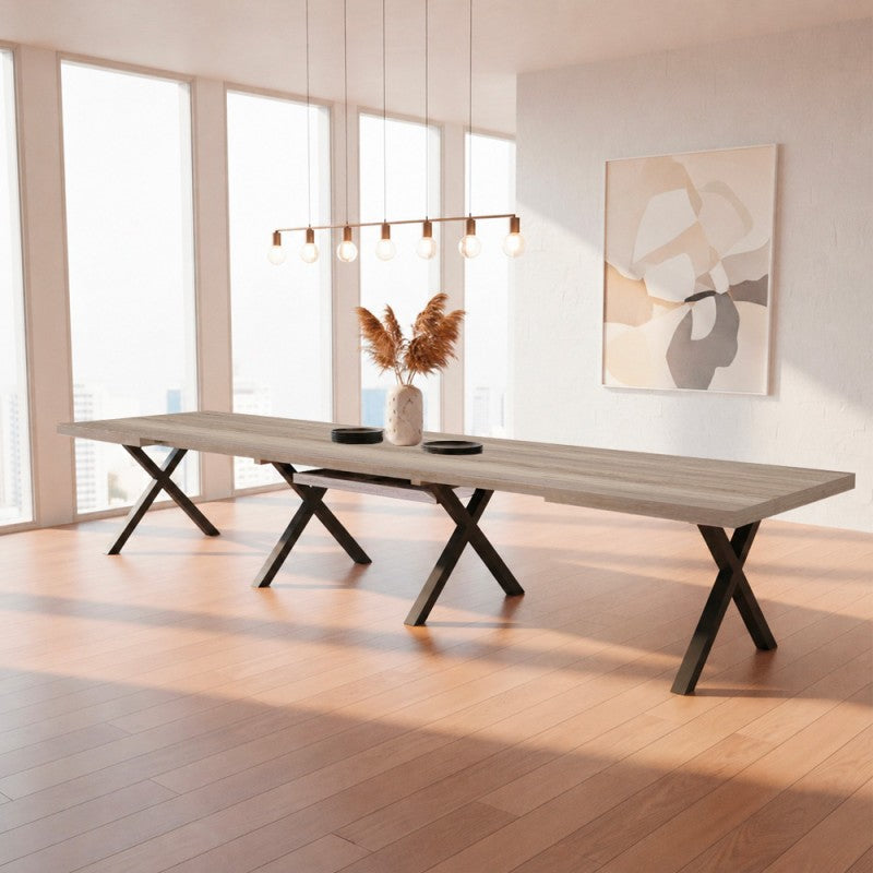 Tavolo allungabile 180 cm con piano Gordon beige e gambe incrociate antracite Milonga480