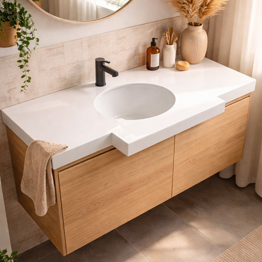 Lavabo da incasso con top in pietra sinterizzata e vasca in ceramica bianco lucido YJ12250