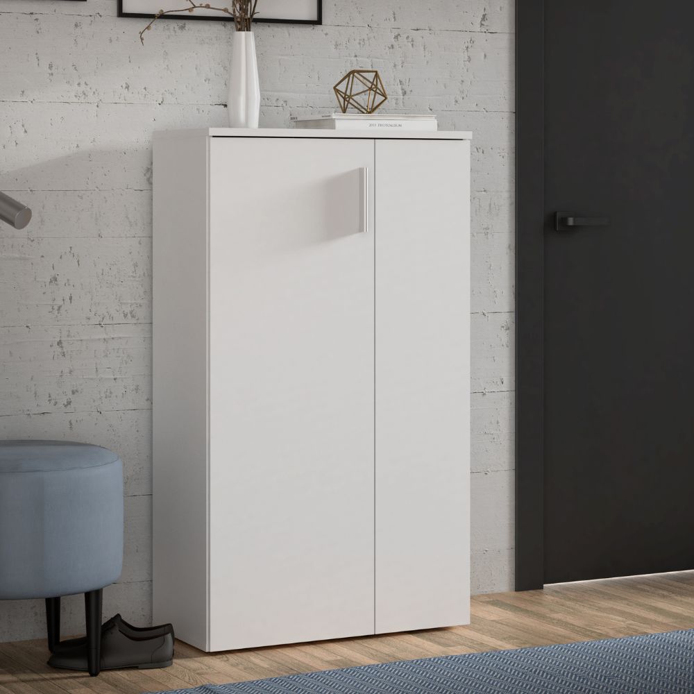 Meuble à chaussures polyvalent à 2 portes et 5 étagères couleur blanche 69x34x120H Lucio