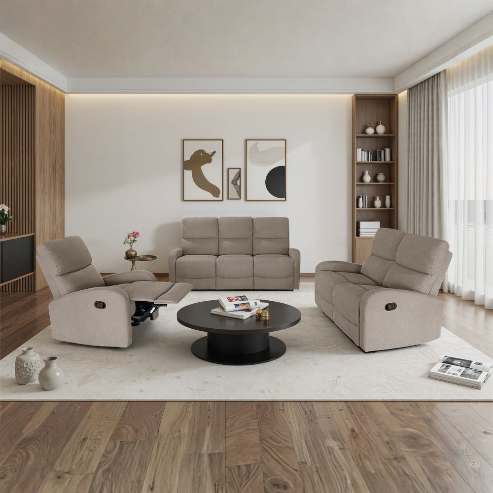 Divano relax 3+2 con poltrona recliner in tessuto beige scuro PotterSET