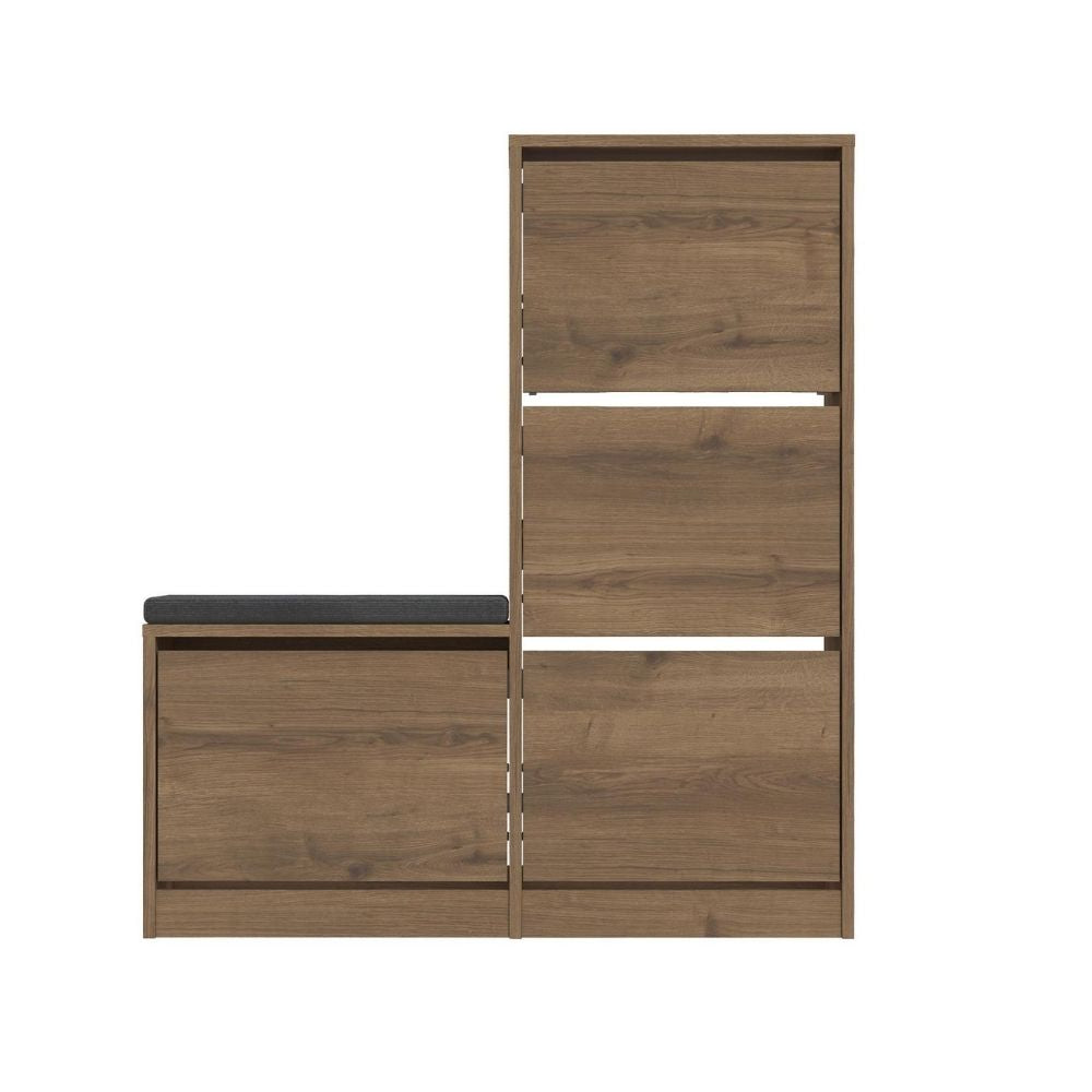 Banc à chaussures avec 4 portes abattantes, couleur noyer, 105x26x118,5H Dude