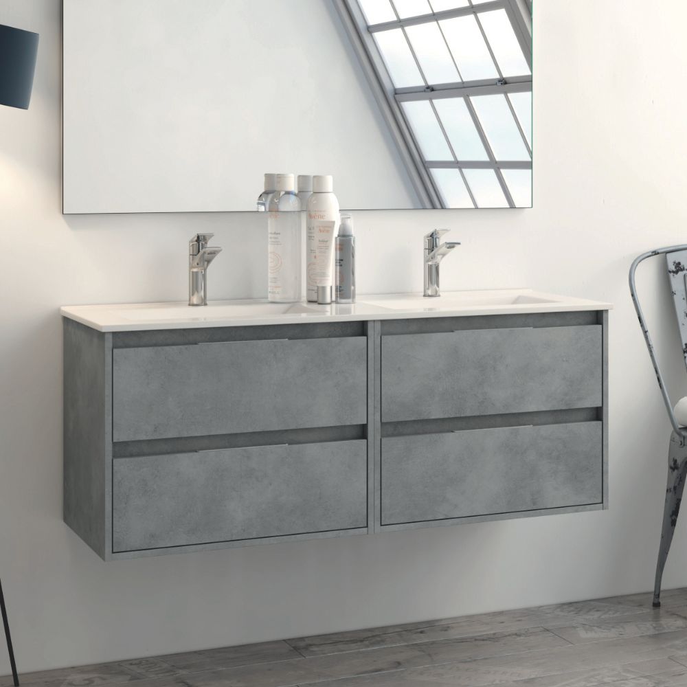 Meuble de salle de bain suspendu double vasque 4 tiroirs 120x45x48H couleur gris ciment Bolton