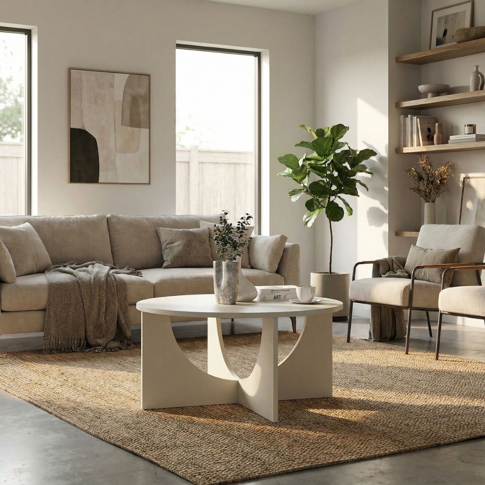 Tavolino da salotto rotondo cashmere con base a croce e intagli ad arco Lemmar