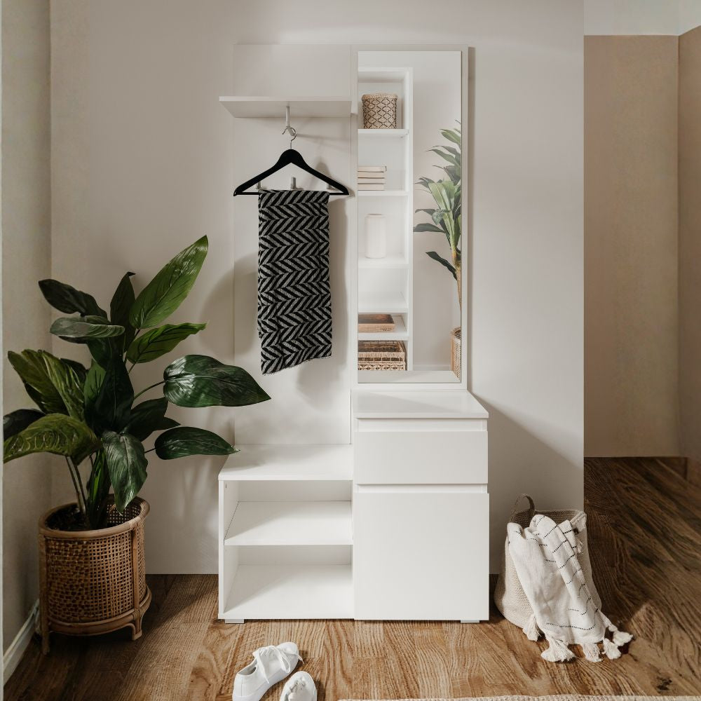 Meuble d'entrée 85x195h cm avec miroir et porte-manteaux couleur blanc - Image