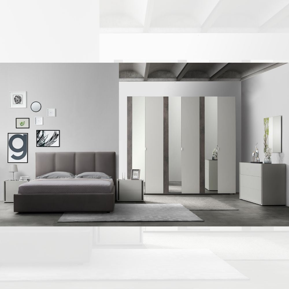 Camera da letto completa con armadio a specchi olore grigio perla e ossido grigio - Mirya
